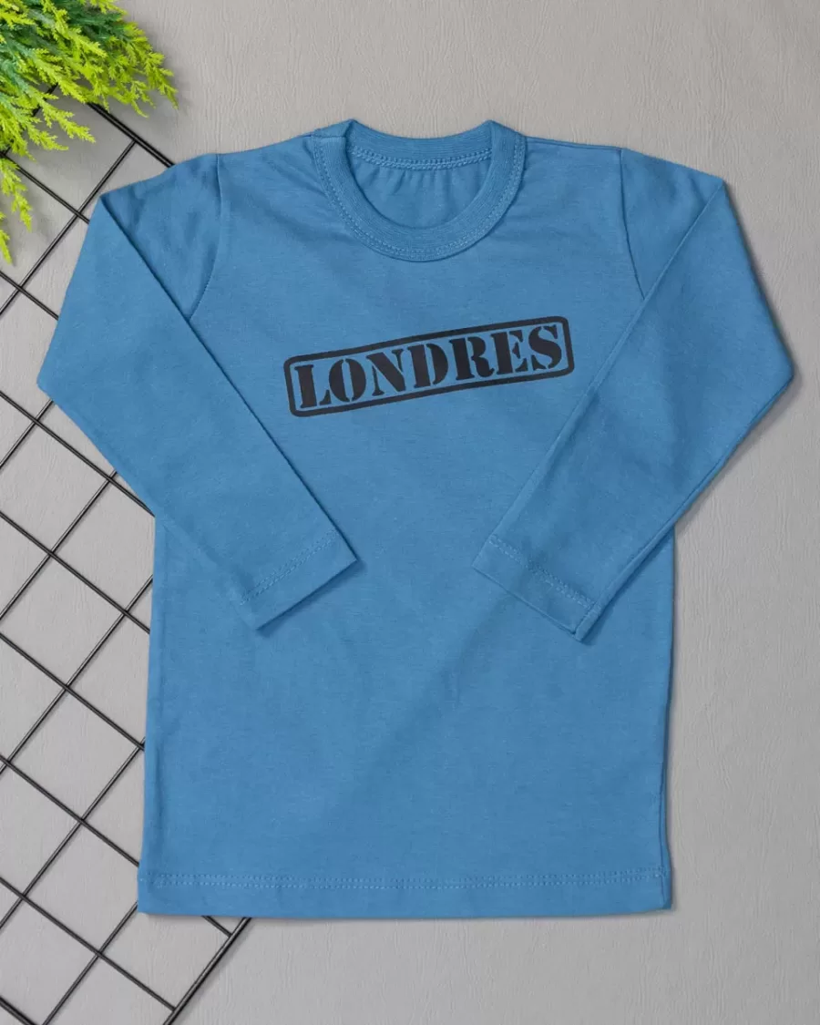 Camiseta Infantil  Manga Longa Tradicional Azul Denim Londres