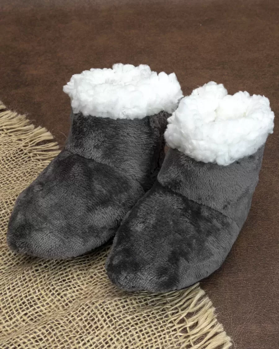 Pantufa Baby Peluciada com Velcro Cinza Escuro